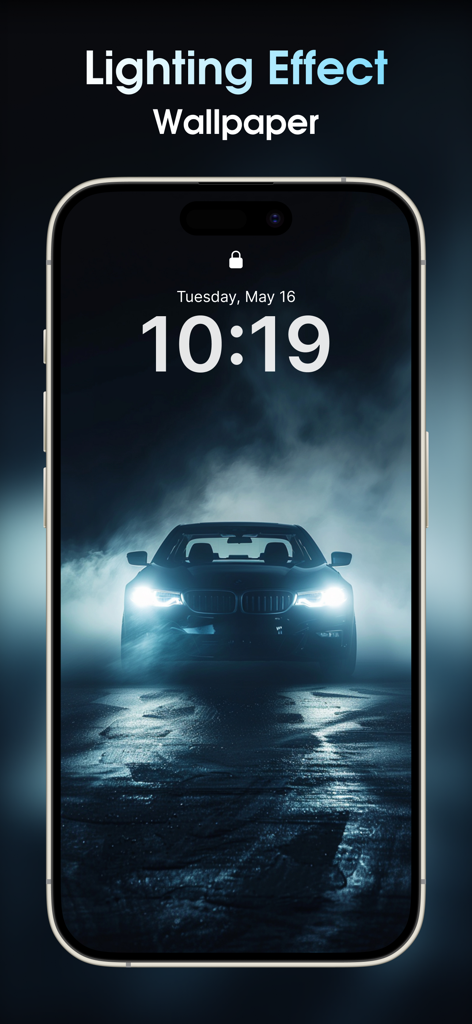 Wallive: 4K Wallpaper & Widget - Pantalla de bloqueo del iPhone con un fondo de pantalla de coche de alta resolución con efectos de iluminación dramáticos y faros brillantes