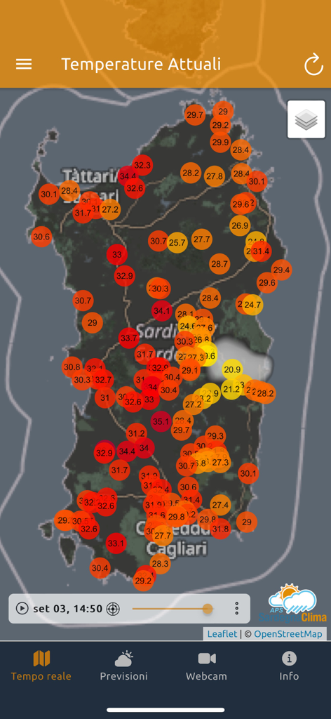 Mappa della temperatura in tempo reale della Sardegna visualizzata sull'app Sardegna Clima Pro