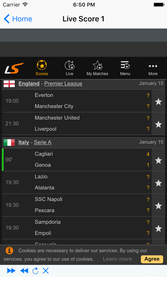 Live Football Update - Mobile app interface showing live football scores for Premier League and Serie A matches