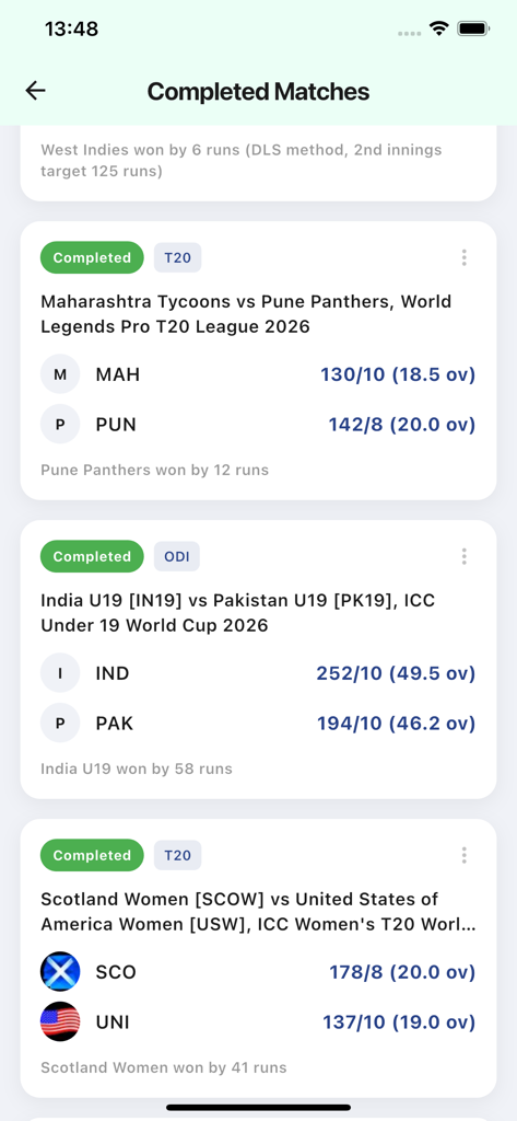 Mobile screen showing a list of completed cricket matches with final scores and winners