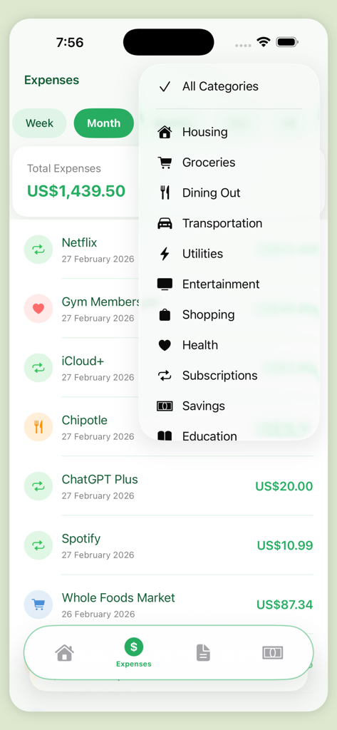 Ausgabenverfolgungsbildschirm der Budget Planner App, der eine Liste monatlicher Transaktionen und ein Dropdown-Menü zur Auswahl von Ausgabenkategorien wie Wohnen, Lebensmittel und Essen gehen anzeigt.