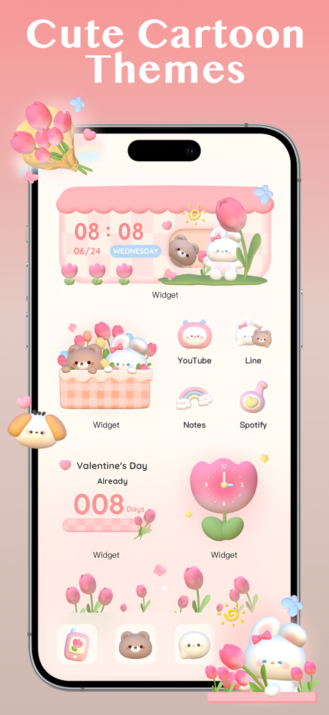 Cool Maker: Wallpaper & Font - Pink aesthetic home screen with cute cartoon character widgets and custom app icons