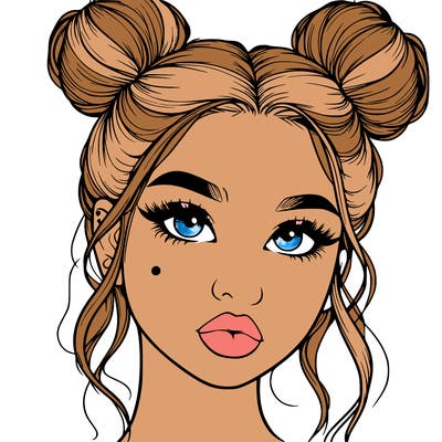 realistic girl with two buns on her hair and lips