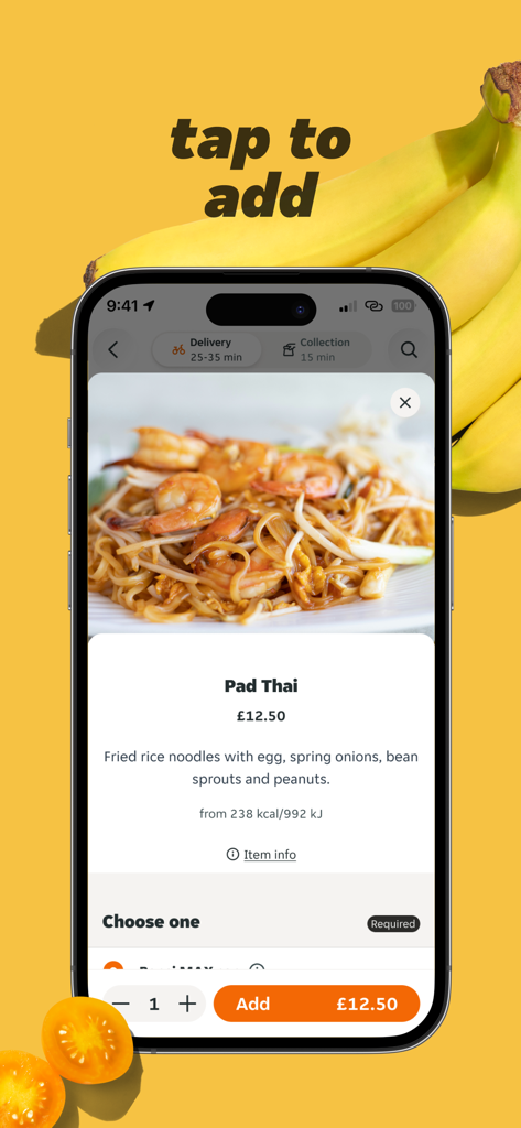 Just Eat - Food Delivery - Just Eat app on a smartphone showing a Pad Thai dish with price and add to order button