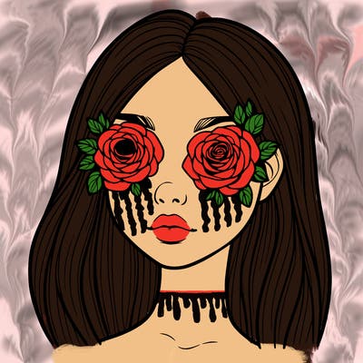 a realistic girl with roses for eyes