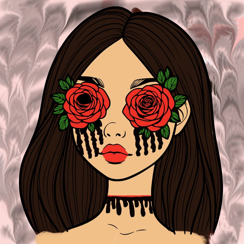 a realistic girl with roses for eyes