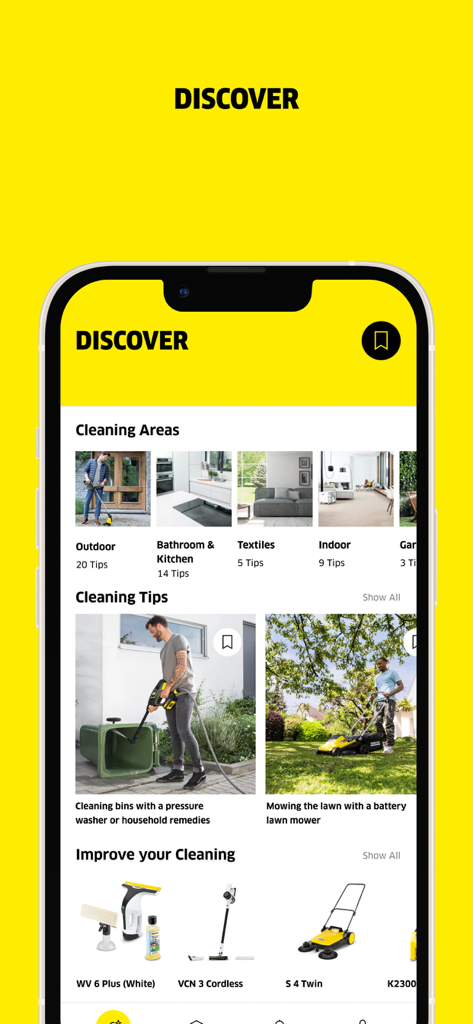 Capture d'écran de l'application Kärcher Home and Garden montrant la section Découvrir avec des catégories de nettoyage et des conseils d'entretien