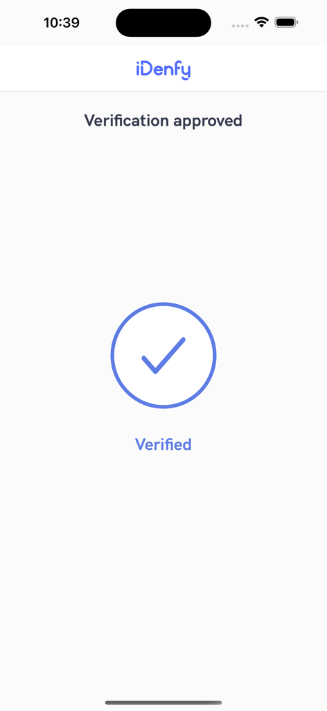 iDenfy Identity Verification - A screenshot of the iDenfy app showing a successful verification screen with a blue checkmark and the text Verification approved.