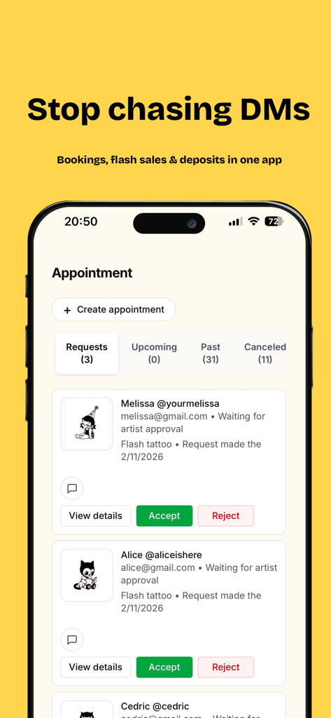 Outline - Tattoo Booking App - Tattoo artist dashboard showing appointment requests for flash tattoos with options to accept or reject.