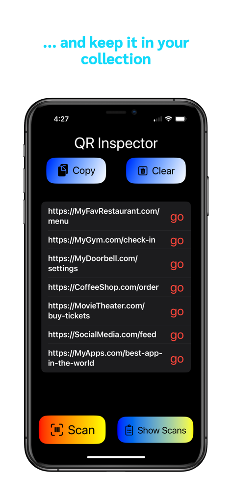 A list of scanned QR code URLs saved in the history log of the QR Code Inspector app