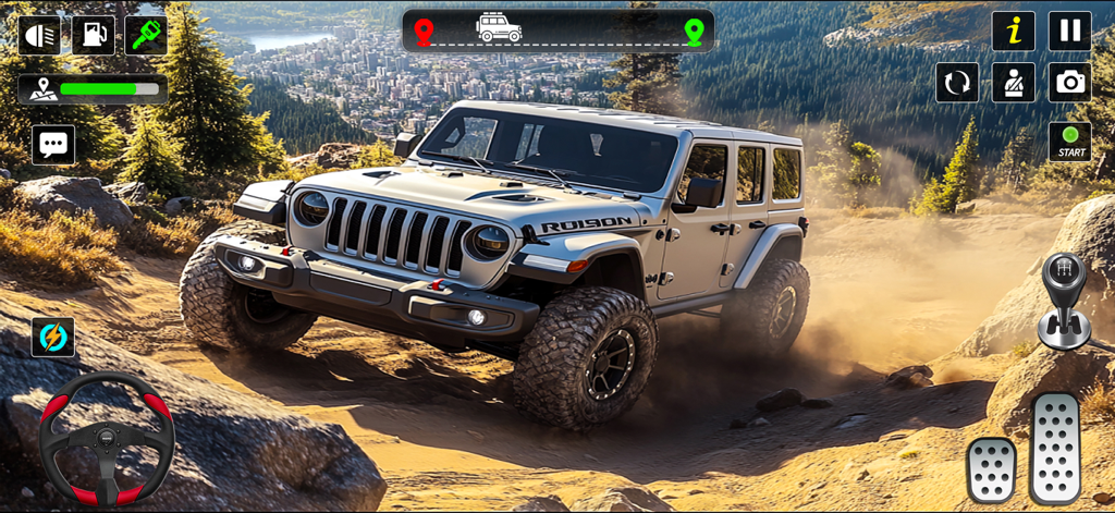 Um veículo 4x4 off-road prateado dirigindo em uma trilha de montanha empoeirada com uma cidade ao fundo e uma sobreposição de interface de jogo móvel.