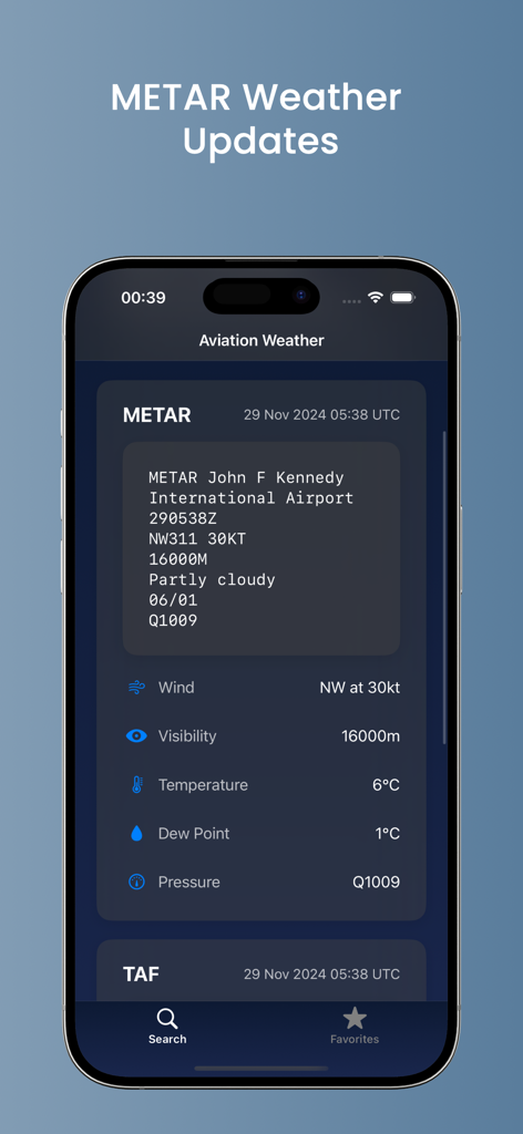iPhone画面上のJFK空港の詳細METAR航空気象レポート