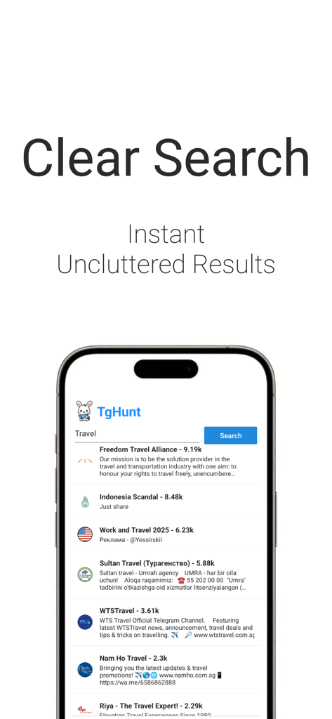 Interface do aplicativo TgHunt mostrando uma lista limpa de resultados de pesquisa para canais e grupos do Telegram
