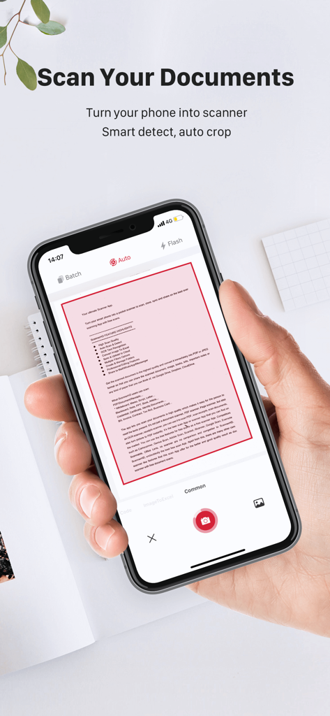 ScannerHD Pro - PDF Scan - A person holding a smartphone using ScannerHD Pro to scan a document with automatic edge detection