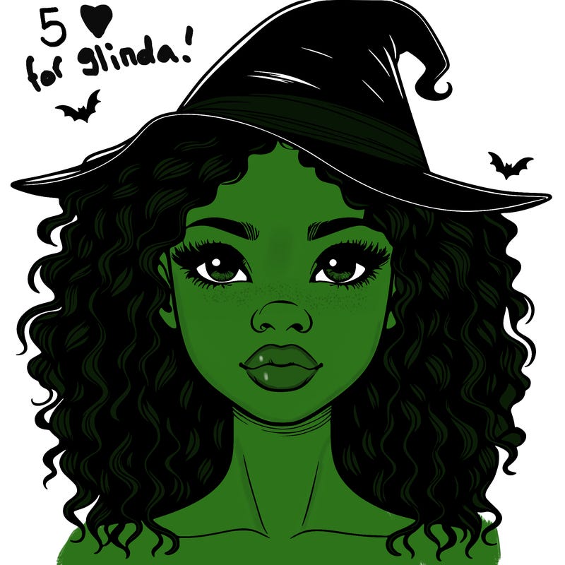 realistic black girl with wavy hair and witch hat and nose and lips