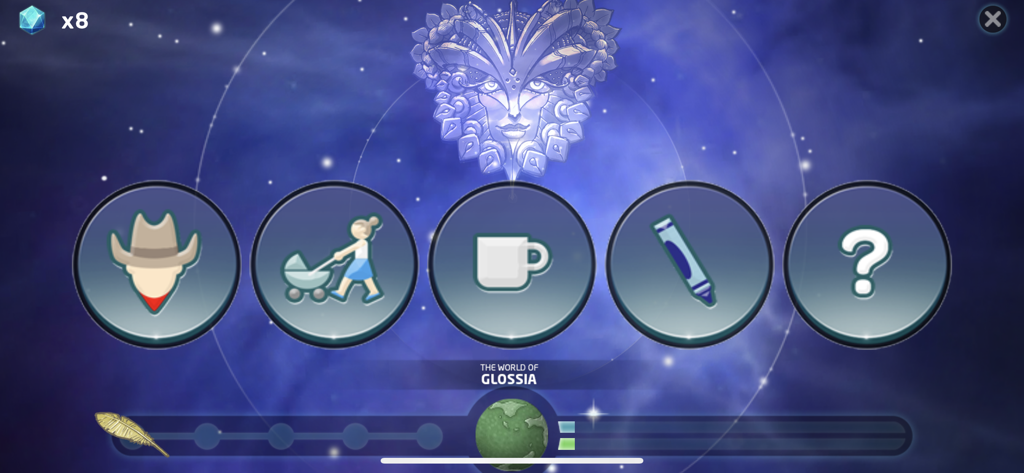Level selection screen in the Sound Storm app featuring the World of Glossia with space themed icons and graphics
