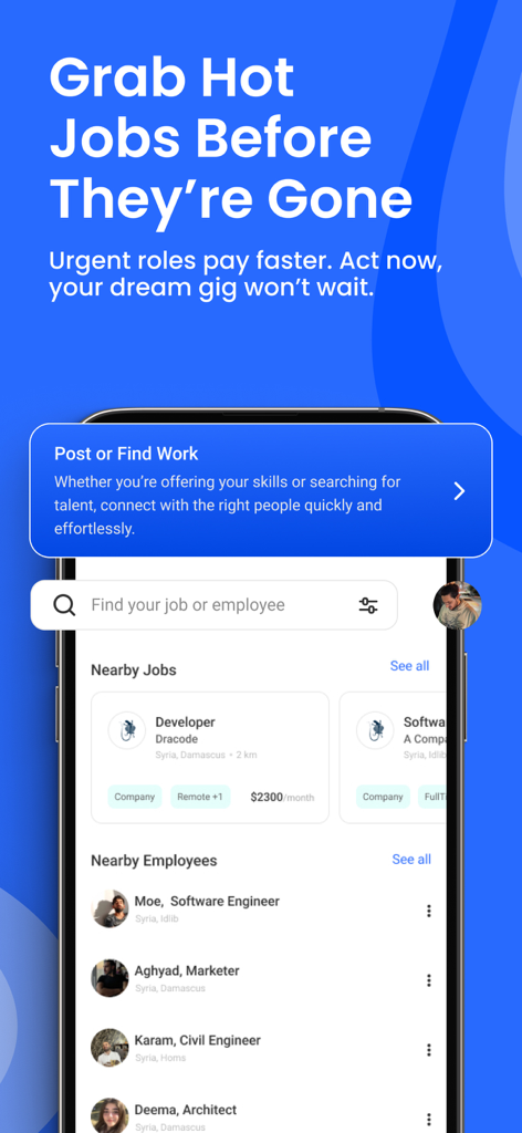 Amali - Amali mobile app interface showing nearby jobs and nearby employees sections for local recruitment