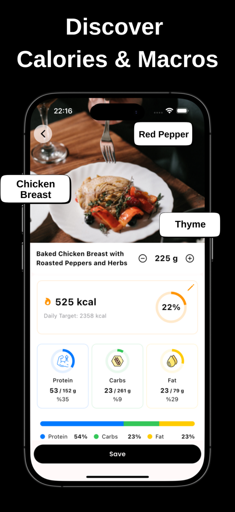 Calo: Calorie Tracker - Calo app screenshot showing AI meal recognition with a detailed calorie and macro breakdown
