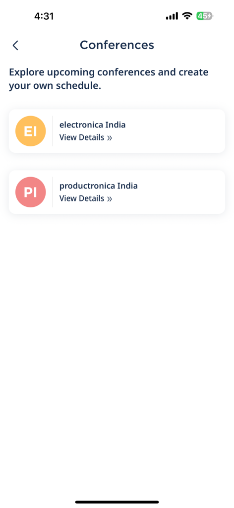 MMI One - Tela do aplicativo móvel MMI One mostrando uma lista de futuras conferências comerciais, incluindo electronica India e productronica India