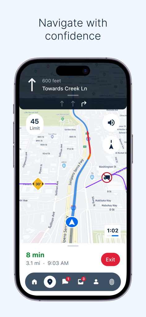 Navigation screen of the Samsara Driver app showing a map with turn by turn directions and route details for professional drivers
