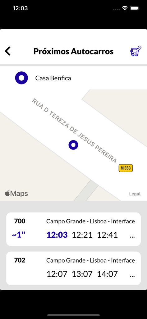 myBO - myBO app interface showing bus arrivals and map for the Barraqueiro Oeste network