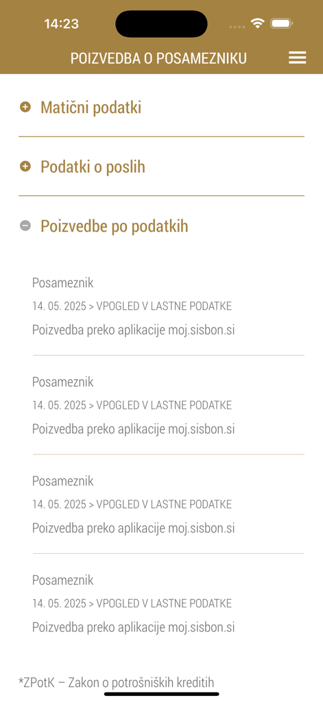 Moj SISBON - Moj SISBON mobile app interface showing a list of personal financial data queries and transaction history.