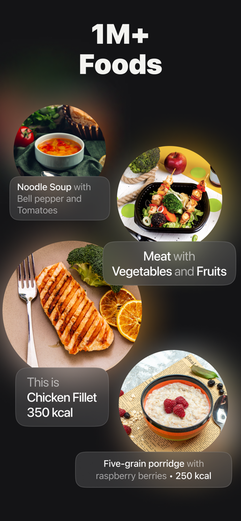 Calz - Calorie Counter AI - Interfaz de la aplicación Calz que muestra una base de datos de más de 1 millón de alimentos con recuentos de calorías para comidas como pollo a la parrilla y gachas.