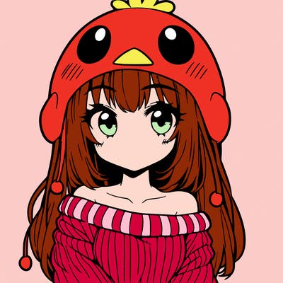 anime girl with chick shaped hat with sweater with bare shoulders with bangs covering them one eye with low tail