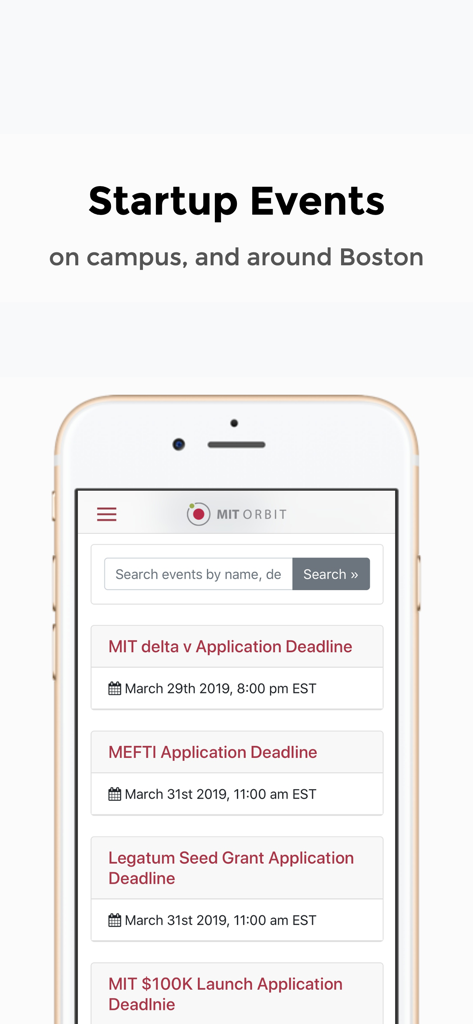 MIT Orbit app interface showing startup event deadlines and application dates for MIT students.