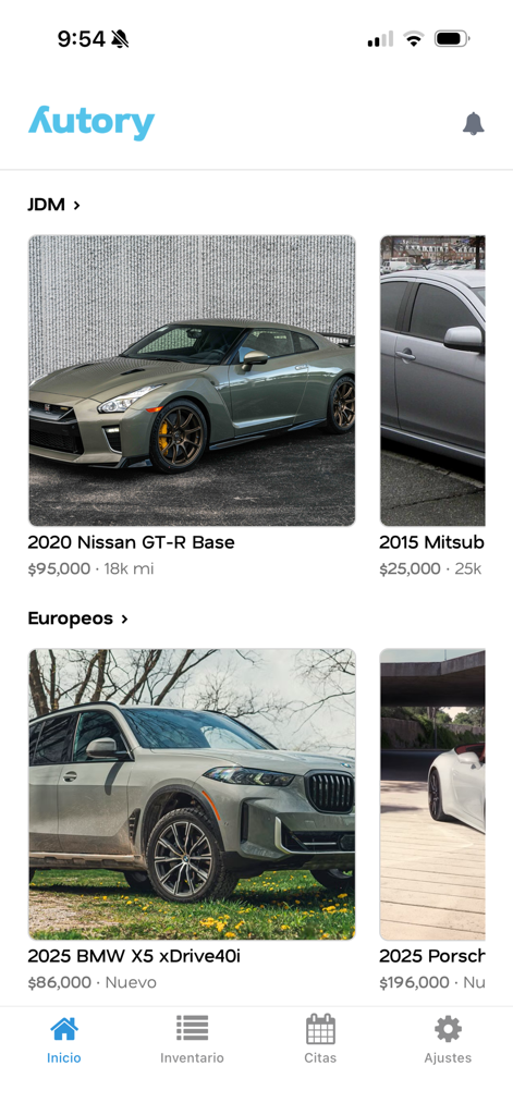 Autory - Autoryアプリのホーム画面。JDMやヨーロッパ車などのカテゴリと価格が表示された車両リストが表示されます。