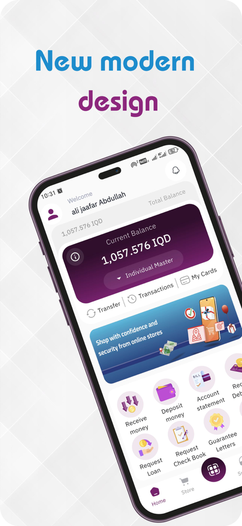 Modern UI design of Trust Bank mobile app showing account balance and financial services icons