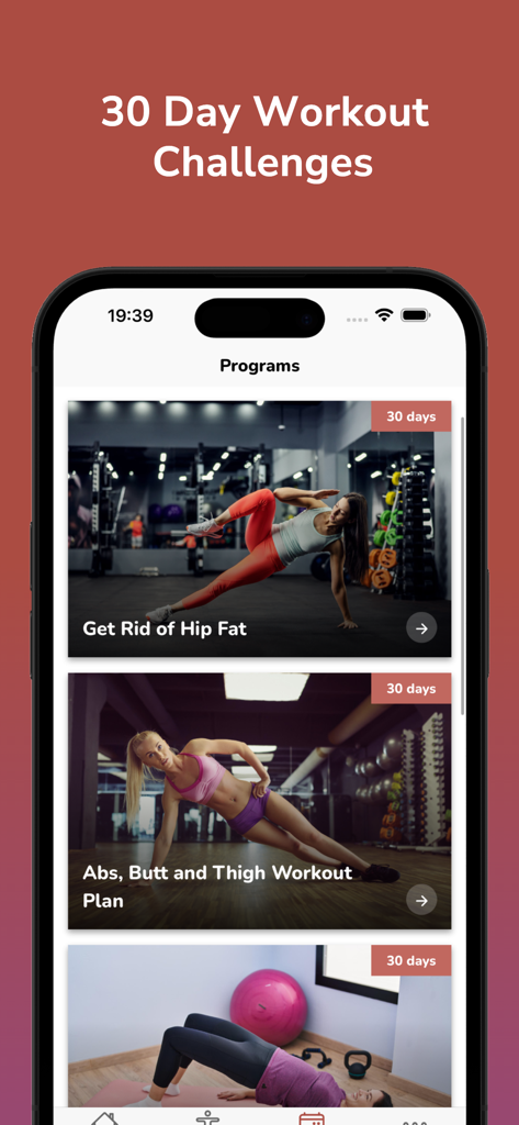 Interfaccia dell'app Hip Dips Workout che visualizza vari programmi di sfida fitness di 30 giorni