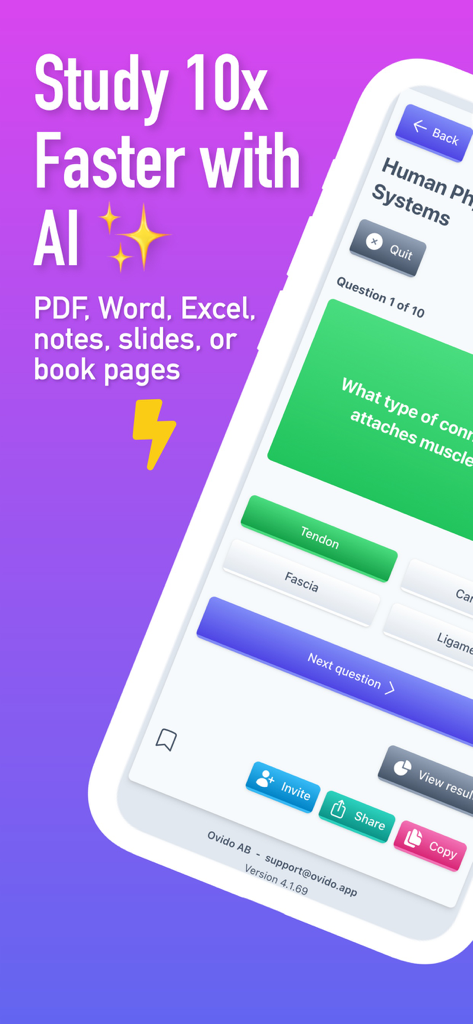 Interfaz de la aplicación Ovido Active Recall mostrando un cuestionario de opción múltiple para sistemas de fisiología humana con un banner que dice Estudia 10 veces más rápido con IA