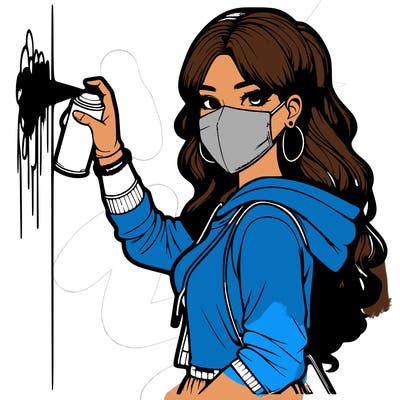 realistic girl with mask spray painting a wall