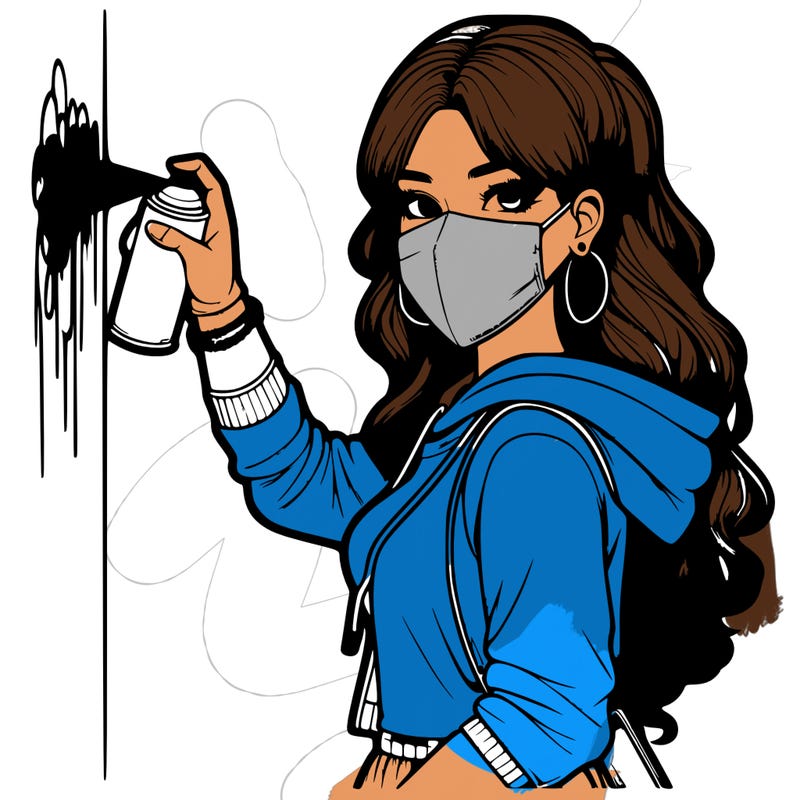 realistic girl with mask spray painting a wall