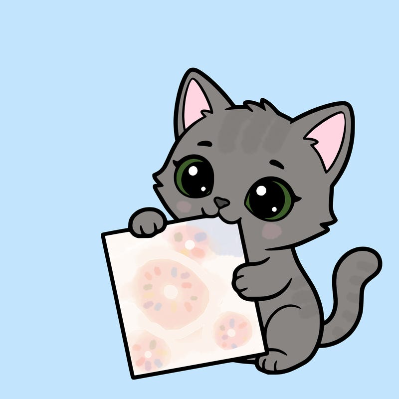 a small cat with a blank sheet of paper in its hand. the cat is sooooooo cute!