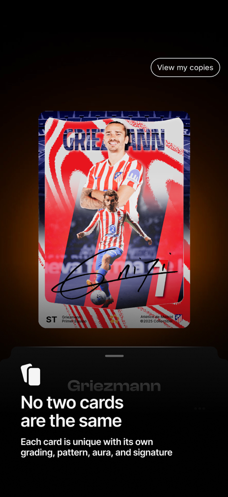 Collectibol: Football TCG - Antoine Griezmann digital football trading card showing a unique signature and aura design in the Collectibol app.