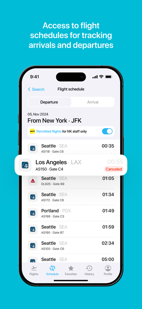 Flugplan-Bildschirm in der Staff Airlines App mit Abflügen und gestrichenen Flügen vom Flughafen New York JFK