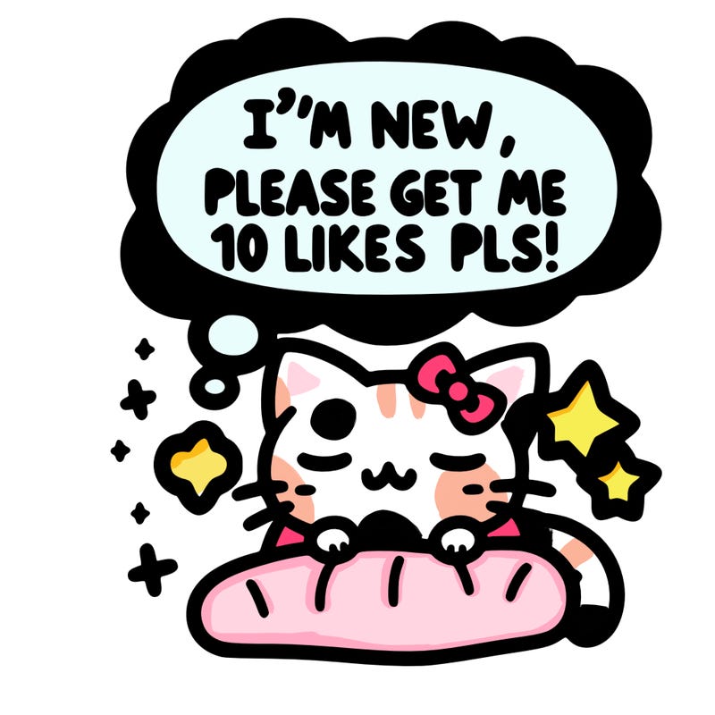 kitty taking a nap dream talking and saying "i'm new, please get me at least 10 likes pls!!"