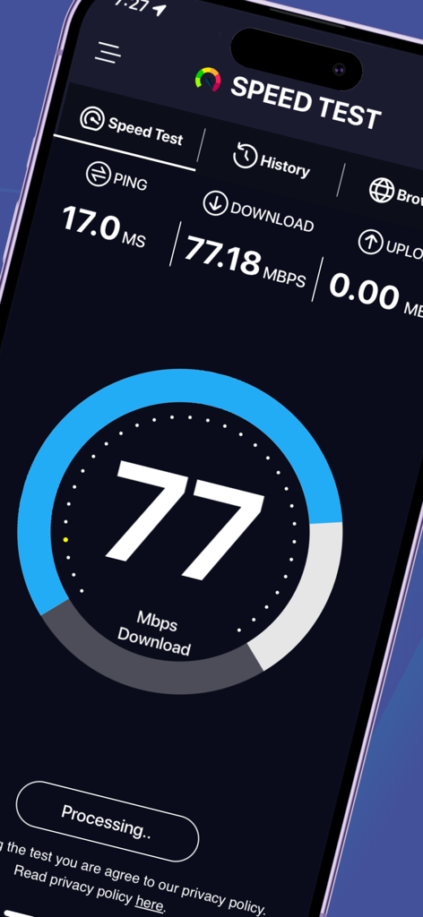 Smartphone screen displaying a WiFi speed test with download speed and ping metrics.
