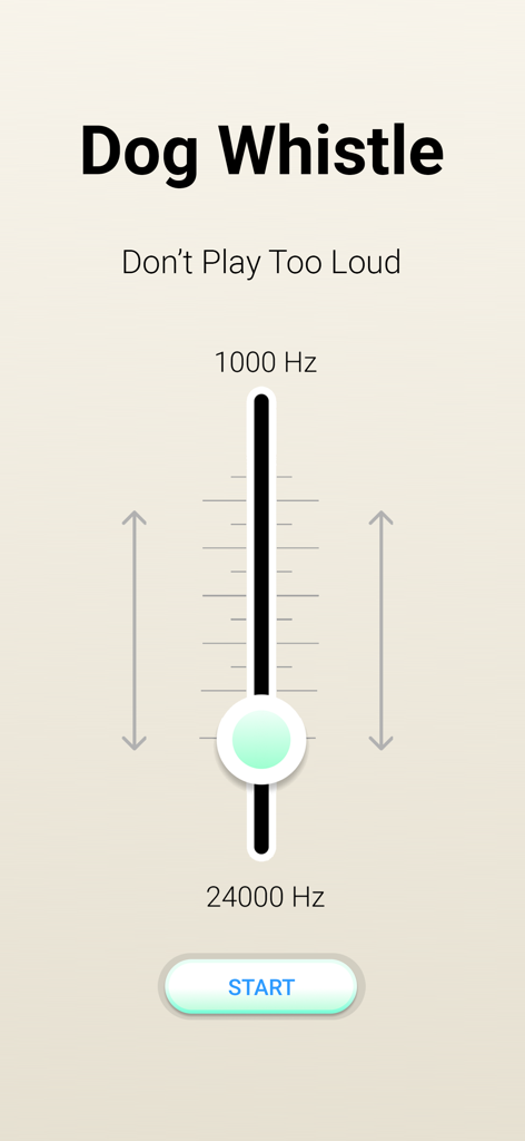 Dog Whistle & Dog Clicker App - A mobile app screen for a dog whistle featuring an adjustable frequency slider and a start button.