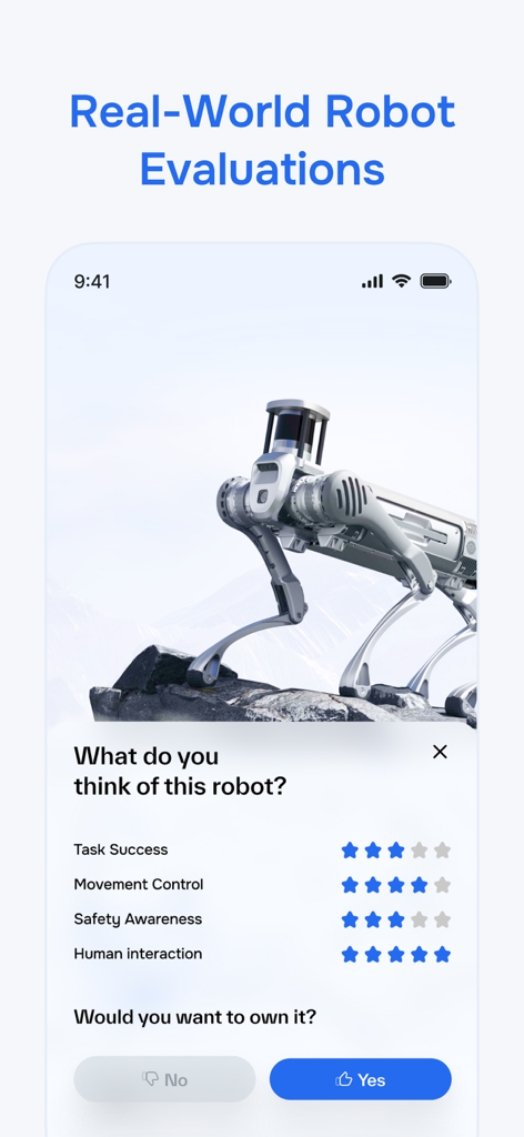 OpenMind AI - Interface of the OpenMind AI app showing a star rating survey to evaluate a four legged robot.