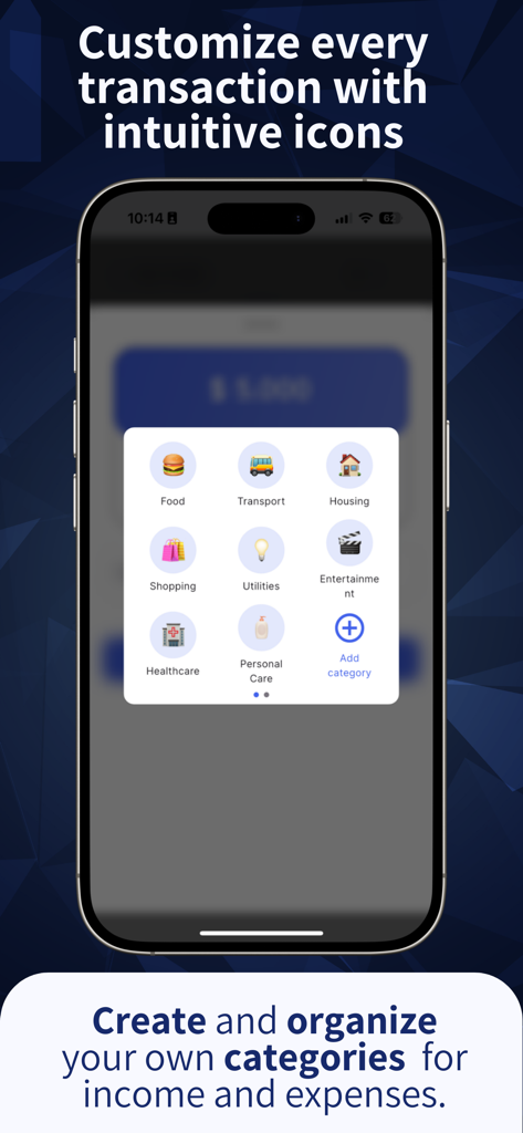 AI Money Manager & Expenses - Mobile app interface showing a menu of transaction categories with icons for food transport housing and shopping