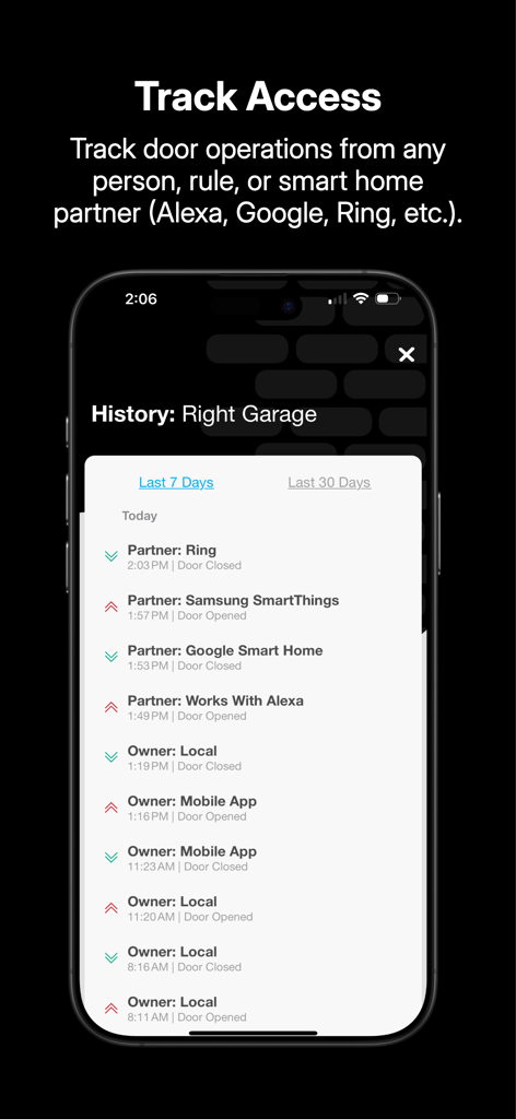 Screenshot of Aladdin Connect app showing a history of garage door operations and smart home integrations