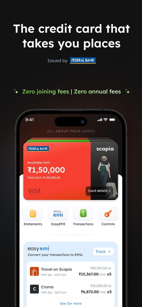 Scapia: A card for travellers - Scapia travel credit card app interface showing zero fees and easy EMI options.