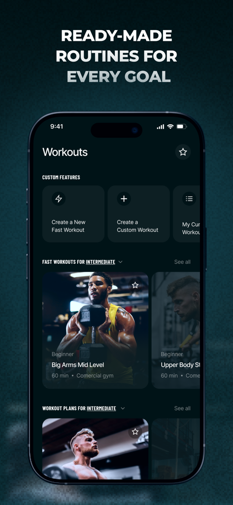 Befit AI: Workout Routines - Pantalla de la aplicación Befit AI que muestra rutinas de entrenamiento predefinidas y opciones de creación de rutinas personalizadas