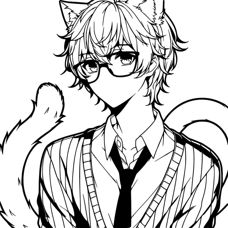 cute hot anime man with cat ears and a cat tail with glasses realistic