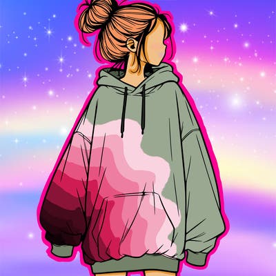 realistic girl with a oversized sweatshirt on and a bun