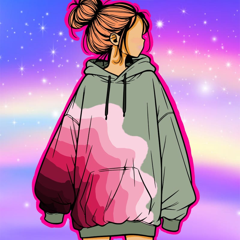 realistic girl with a oversized sweatshirt on and a bun