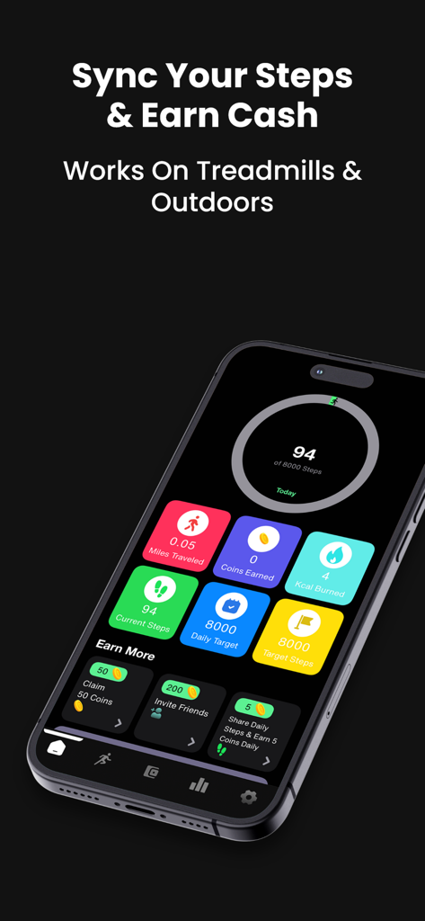 PaidToGo - Walk & Earn Cash - PaidToGo app dashboard showing daily steps, miles traveled, and coins earned tracking interface.